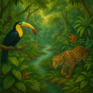 Imagem ilustrativa de uma floresta tropical com tucano e onça, representando a biodiversidade do mundo natural para fins educativos e ecológicos.